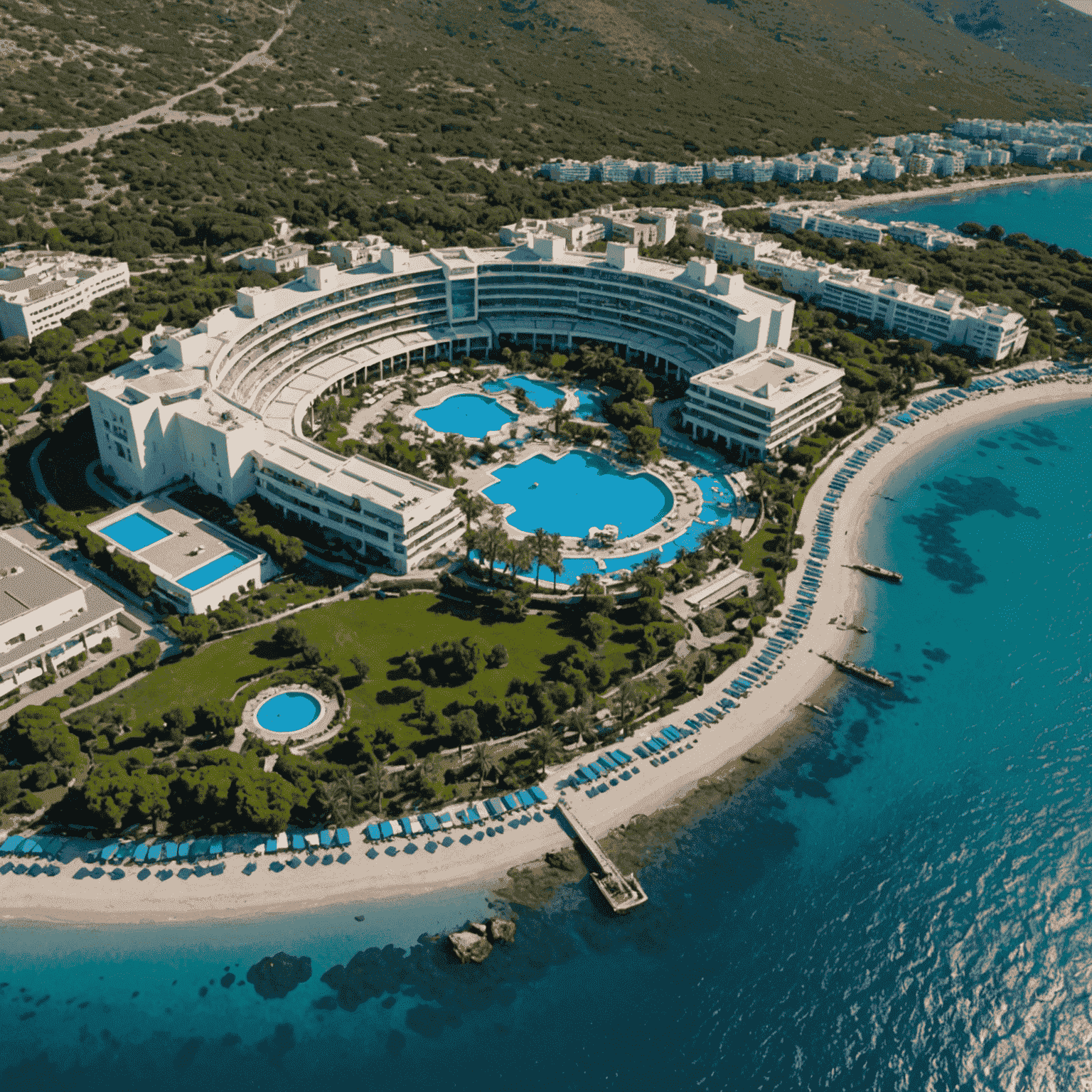 Bodrum Paradise Bay Casino Resort'un panoramik görünümü, masmavi deniz ve beyaz kumsal ile çevrili lüks bir tesis